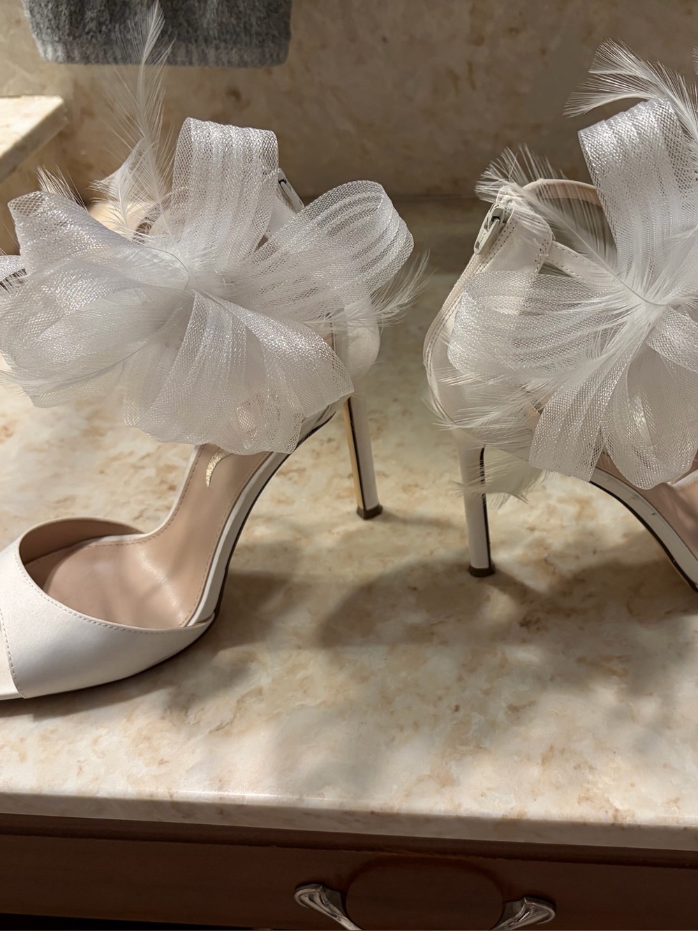 Nina White Feather Bow High Heel Sandals